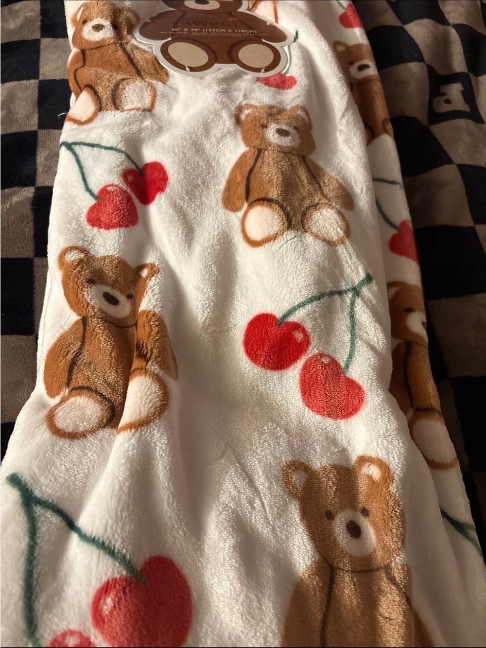 Teddy Bear & Cherry Plush Throw Blanket - White/Brown/Red